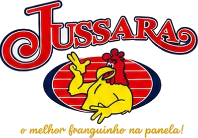 Logo Jussara com o galo e o slogan “o melhor franguinho na panela!”